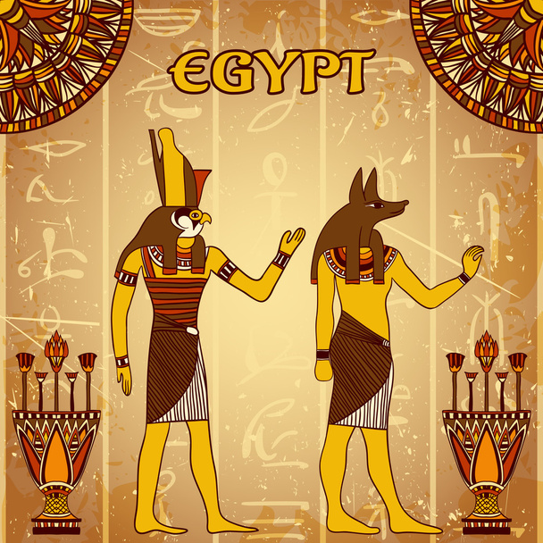Vintage poster with egyptian gods on the grunge background with silhouettes of the ancient egyptian hieroglyphs. Retro hand drawn vector illustration - Vector, Image