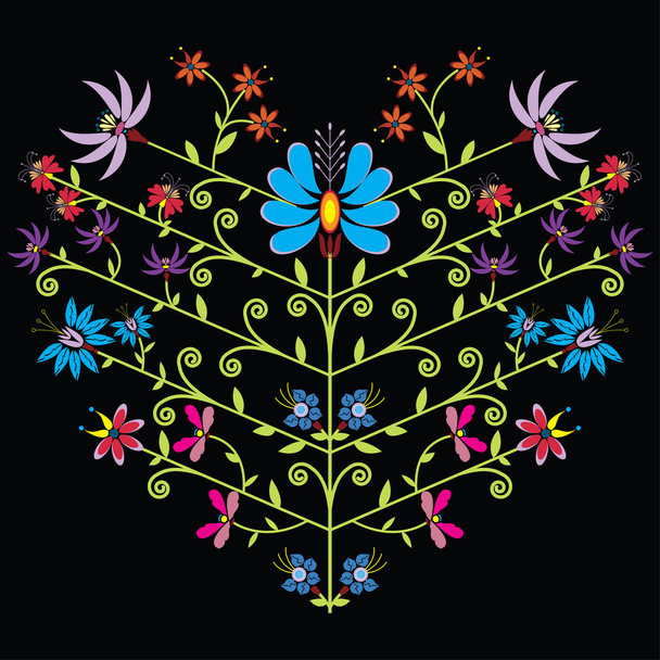 Patrón floral étnico popular en forma de corazón sobre fondo negro
. - Vector, Imagen