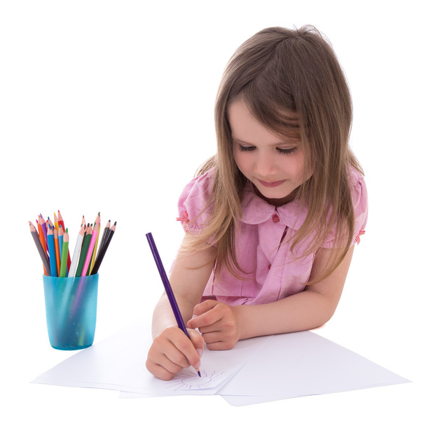 cute little girl drawing with colorful pencils isolated on white - Valokuva, kuva