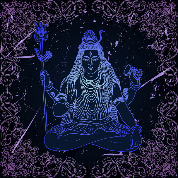 Εκλεκτής ποιότητας αφίσα με ινδική Θεός Shiva συνεδρίαση για το φόντο grunge πάνω από περίκομψο σχέδιο. Ρετρό χέρι που εικονογράφηση φορέας - Διάνυσμα, εικόνα