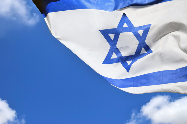 Estrella de David en una bandera israelí azul y blanca
 - Foto, Imagen