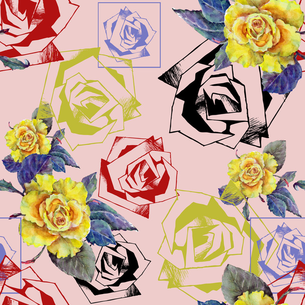 Rose graphic and rose watercolor, pattern seamless - Foto, afbeelding