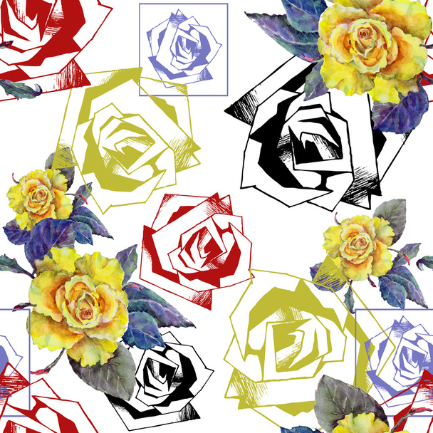 Rose graphic and rose watercolor, pattern seamless - Photo, Image