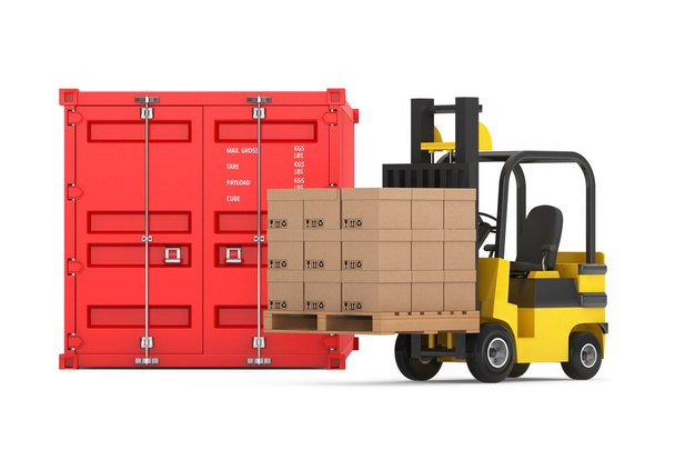 Transportation Concept. Forklift with Cardboard Boxes near Shipp - Zdjęcie, obraz