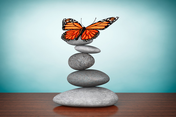 Old Style Photo. Balanced stones with butterfly - Photo, Image