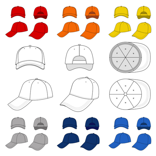 Many-coloured baseball, tennis cap outlined template - Вектор, зображення