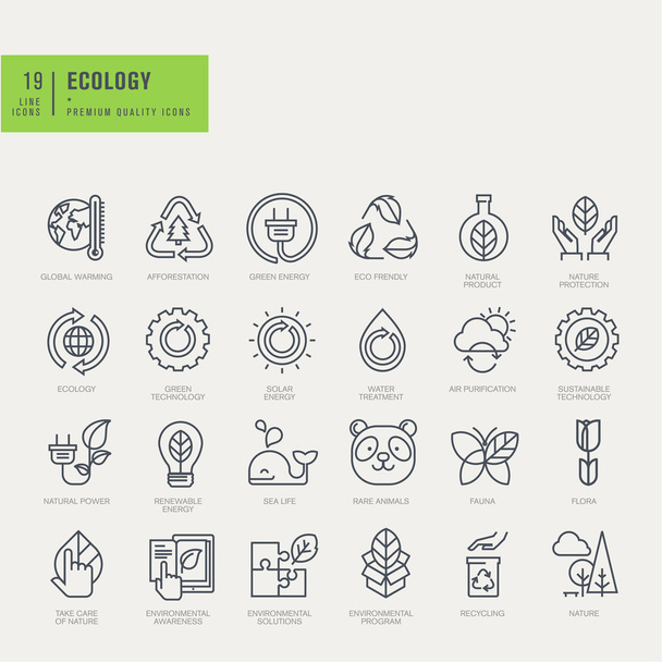 Conjunto de iconos de línea delgada. Iconos para medio ambiente, reciclaje, energías renovables, naturaleza
. - Vector, Imagen