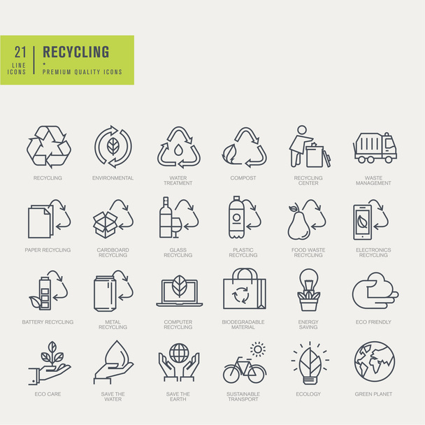 Conjunto de ícones de linha fina. Ícones para reciclagem, ambiental
. - Vetor, Imagem