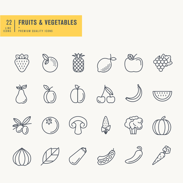Thin line icons set. Icons for fruits and vegetables, food and drink. - Vektör, Görsel