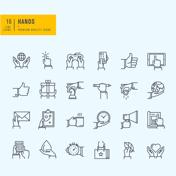 Thin line icons set. Icons of hand using devices, using money, in business situations, in design, ecology, marketing process. - Vektor, obrázek