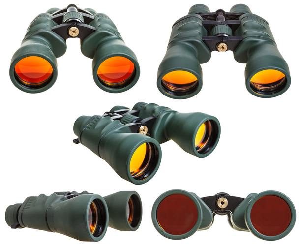 set from green field binoculars isolated on white - Photo, Image
