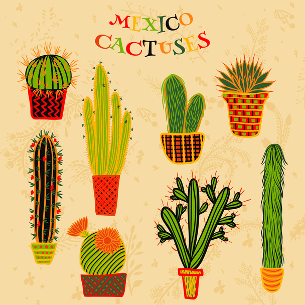 Ploché barevné ilustrace mexických sukulentů a kaktusů v květináčích. Vektor botanické Grafická sada s květinek. - Vektor, obrázek