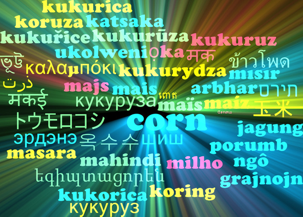 Corn multilanguage wordcloud background concept glowing - Fotografie, Obrázek