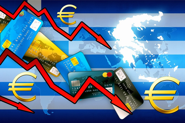 Greece crisis concept background - red arrows euro currency credit cards - Foto, Imagen