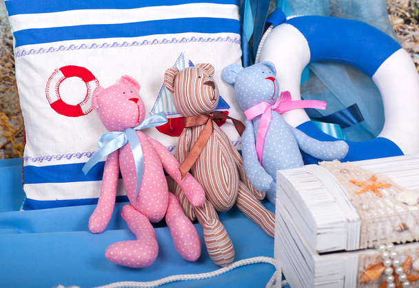homemade, textile toys - bears against the backdrop of sea scene - Photo, Image