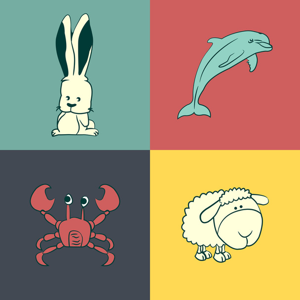 Reeks van kleurrijke dier. Konijn, krab, dolfijnen en schapen - Vector, afbeelding