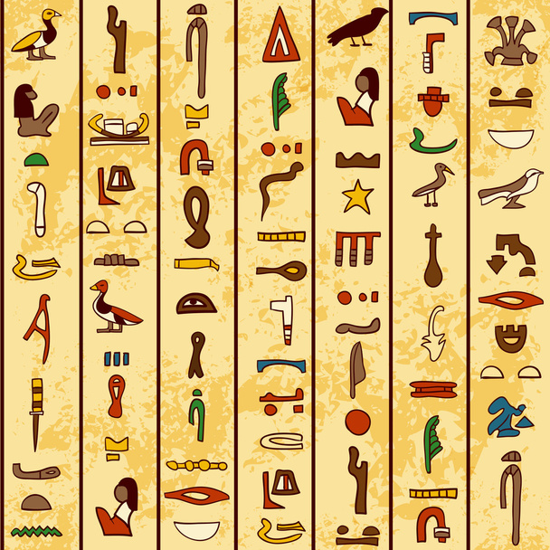 patrón sin costuras con jeroglíficos egipcios antiguos multicolores sobre el fondo de papel viejo papiro
 - Vector, imagen