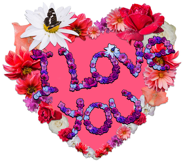 Beautiful heart with legend made of different flowers - Фото, изображение
