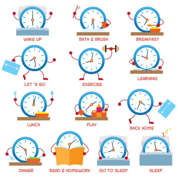 Clock Character Daily Routine, timetable - Διάνυσμα, εικόνα