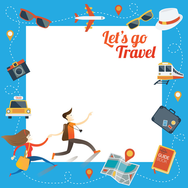 Couple run with Travel Objects Icons Frame - Vektor, kép