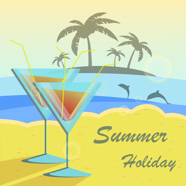 Summer holidays vector illustration set with cocktails, palms, sun, sky and sea. - Вектор, зображення