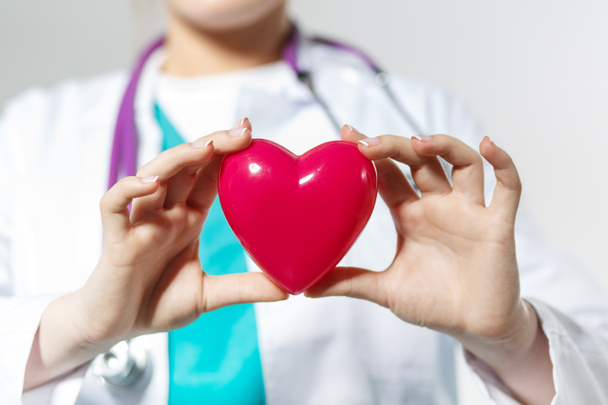Female medicine doctor hands holding toy heart - Foto, afbeelding