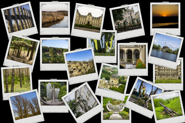 Mosaico collage mezcla viajar con imágenes de diferentes lugares, paisajes y objetos filmados por mí mismo sobre fondo negro
 - Foto, Imagen