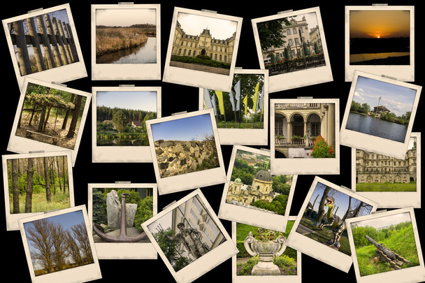Mosaico collage mezcla viajar con imágenes de diferentes lugares, paisajes y objetos filmados por mí mismo filtrado sobre fondo negro
 - Foto, Imagen
