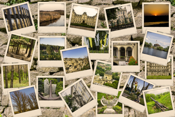 Mozaik kollázs mix utazási képek a különböző helyeken, a táj és a lövés magam a régi szürke kő kerítés textúra szűrt objektumok - Fotó, kép