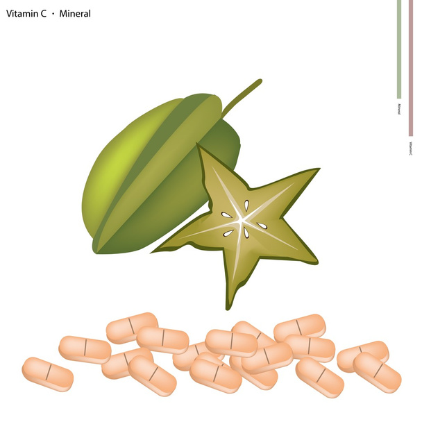 Carambolas maduras com vitamina C em fundo branco
 - Vetor, Imagem