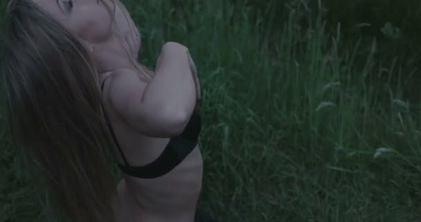 σέξι γυναίκα φορώντας εσώρουχα στη φύση κατά τη διάρκεια του ηλιοβασιλέματος - Πλάνα, βίντεο