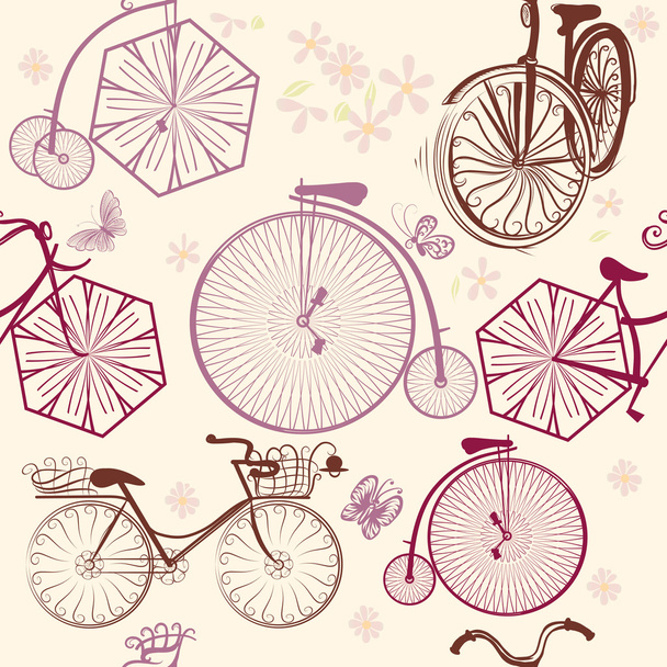 レトロなスタイルの自転車とのシームレスな壁紙パターン - ベクター画像