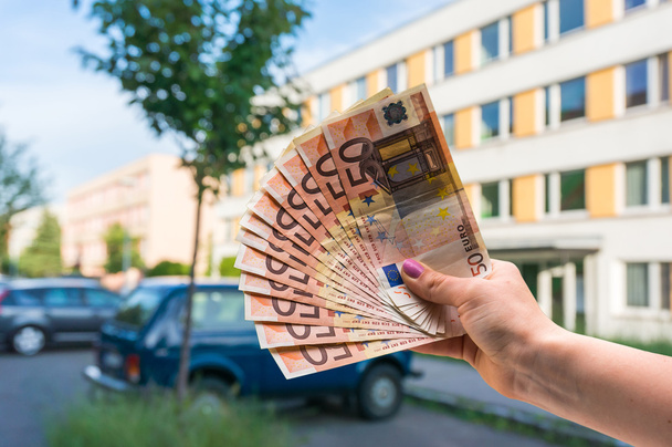 Property buyer holding euro banknotes and buying beautiful flat  - Foto, afbeelding