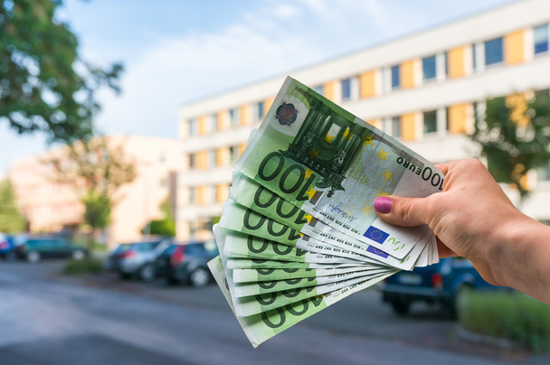 Property buyer holding euro banknotes and buying beautiful flat  - 写真・画像