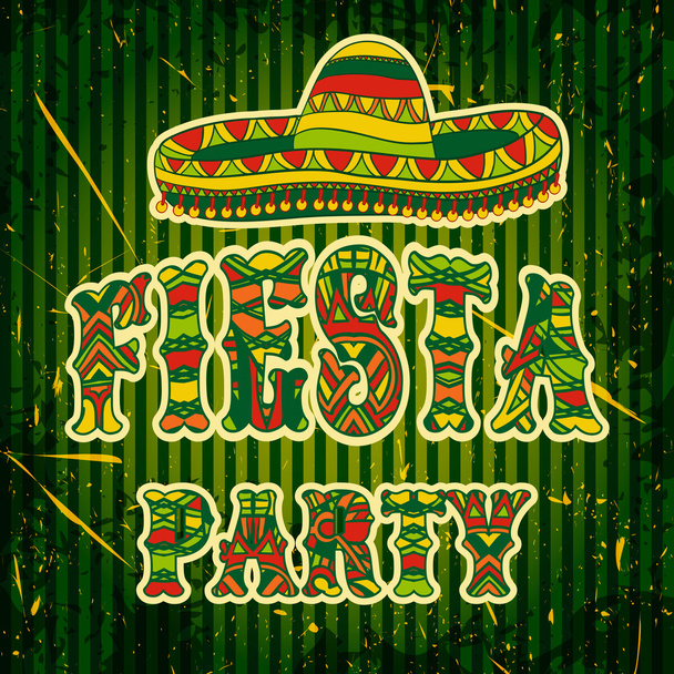 Μεξικανικές Fiesta πρόσκληση σε πάρτι με σομπρέρο και πολύχρωμο εθνοτικές φυλών περίτεχνα τίτλο. Χέρι που διανυσματικά εικονογράφηση αφίσα με φόντο grunge. Φέιγ βολάν ή ευχετήρια κάρτα πρότυπο - Διάνυσμα, εικόνα
