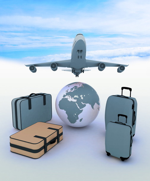 Lentokone ja matkalaukut taivaalla taustalla
 - Valokuva, kuva