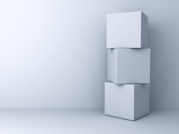 Blank tre 3d scatole concetto in piedi sopra parete bianca
 - Foto, immagini