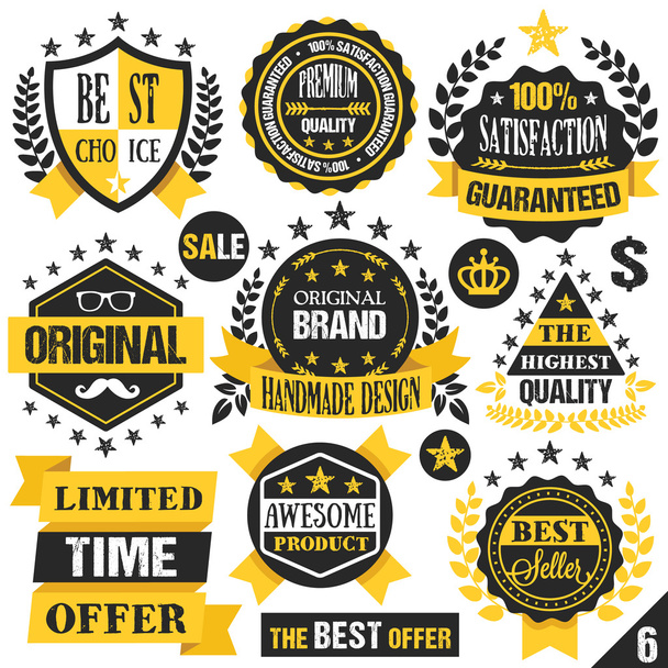 Black and yellow stickers, badges, labels and ribbons. Set 6 - Вектор,изображение