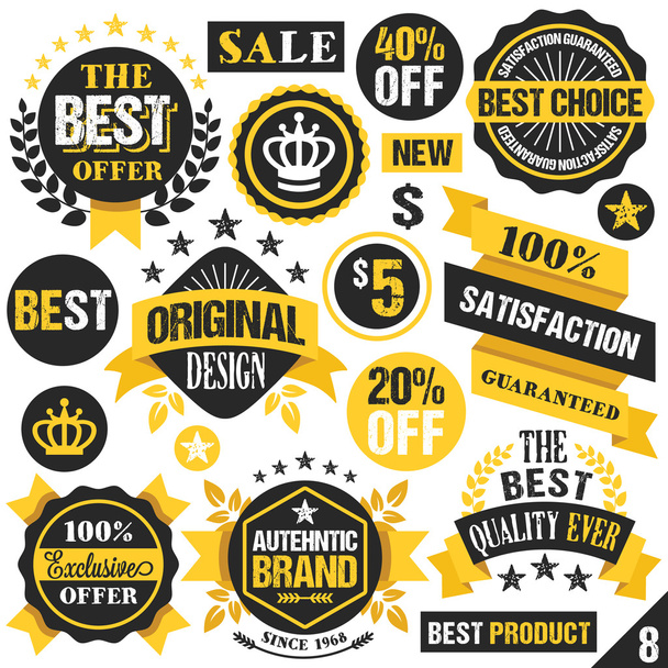 Black and yellow stickers, badges, labels and ribbons. Set 8 - Вектор,изображение
