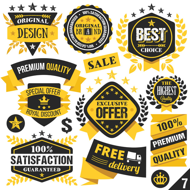 Black and yellow stickers, badges, labels and ribbons. Set 7 - Vetor, Imagem