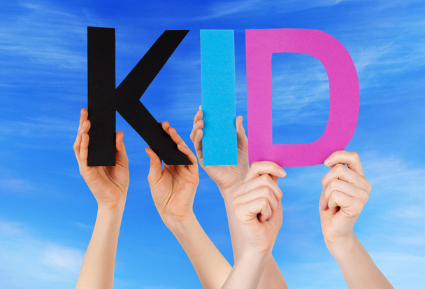 Hands Holding Colorful Straight Word Kid Blue Sky - Foto, imagen