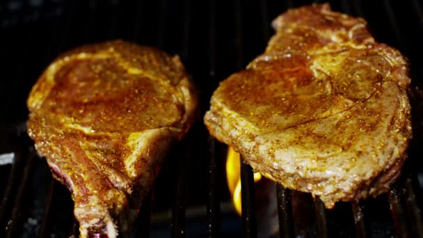 新鮮な有機 t ボーン ステーキ炎グリル バーベキューを料理健康ダイエット - 映像、動画