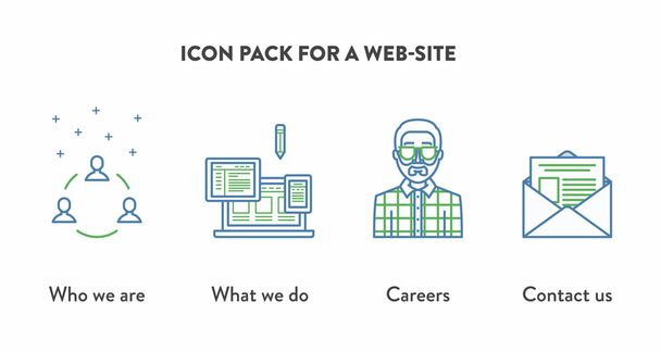 Icon Pack für eine Webseite mit Icons, die zeigen, wer wir sind, Karrieren, kontaktieren Sie uns. Webseitenaufbau - Vektor, Bild