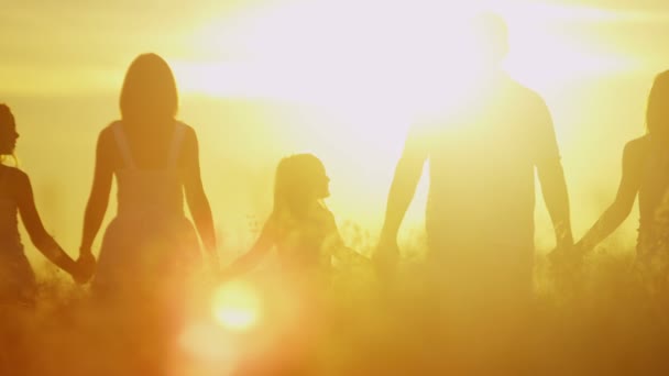 γονείς με τις κόρες Λιβάδι στο ηλιοβασίλεμα - Πλάνα, βίντεο