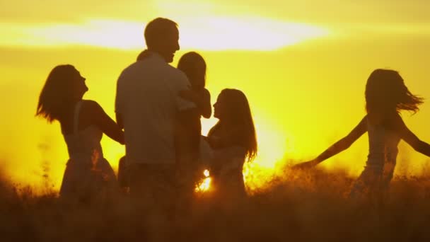 rodiče s dcerami na louce při západu slunce - Záběry, video