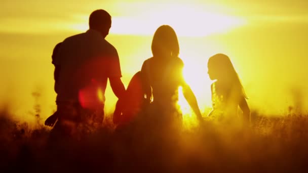 γονείς με τις κόρες Λιβάδι στο ηλιοβασίλεμα - Πλάνα, βίντεο