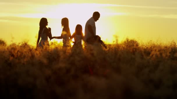 parents with daughters on meadow at sunset - Footage, Video