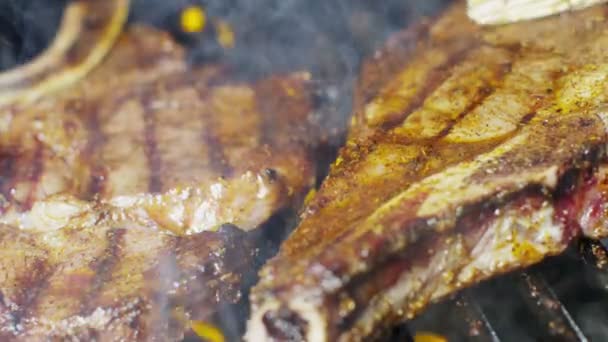 Parrilla de llama de carne de bistec en T-bone en barbacoa
 - Imágenes, Vídeo