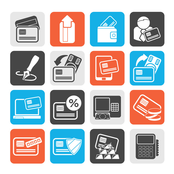 Silhouette credit card, POS terminal and ATM icons - Vector, afbeelding