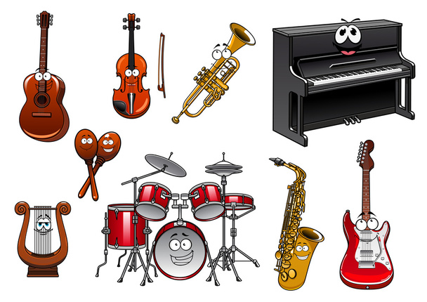 Funny musical instruments cartoon characters - Vektör, Görsel